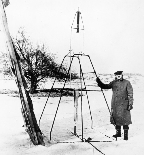 Robert Hutchings Goddard /N(1882-1945). American Physicist. Photographed With The First Liquid-Propellant Rocket To Take Flight, 16 March 1926, At Auburn, Massachusetts. Poster Print by Granger Collection - Item # VARGRC0013513