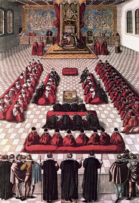 Queen Elizabeth I /N(1533-1603). Queen Of England And Ireland, 1558-1603. Presiding Over Parliament. English Engraving, 1608. Poster Print by Granger Collection - Item # VARGRC0061789