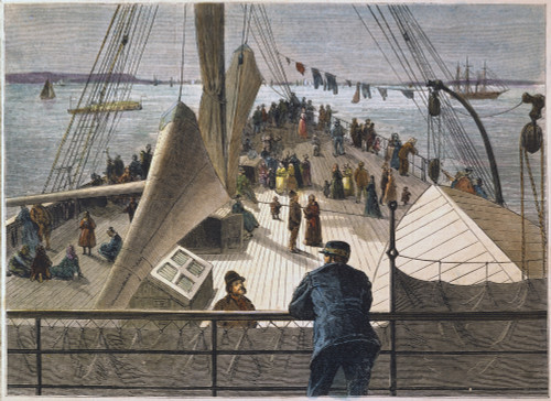 Immigrants, Nyc, 1877. /Neuropean Immigrants Arriving In New York Bay On A Steamer Ship. Color Engraving, 1877. Poster Print by Granger Collection - Item # VARGRC0011197