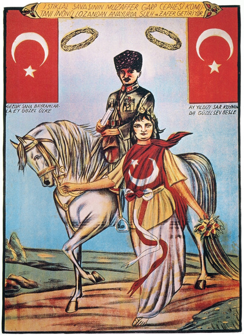 Republic Of Turkey: Poster. /Nthe Republic Of Turkey Symbolized As An Unveiled Woman, Leading The Horse Of The Regime'S Founder, Mustafa Kemal Ataturk. Poster, C1925. Poster Print by Granger Collection - Item # VARGRC0064148