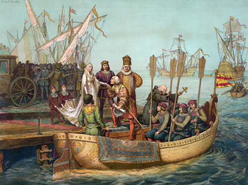 Christopher Columbus /N(1451-1506). Italian Navigator. Columbus Departing From Palos, Spain, On 3 August 1492. Lithograph, American, 1893, After Victor A. Searles. Poster Print by Granger Collection - Item # VARGRC0325428