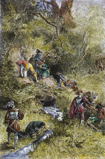 Juan Ponce De Leon /N(1460-1521). Spanish Explorer And Colonial Administrator In America. Ponce De Leon And His Men Searching For The Fountain Of Youth. Wood Engraving, 19Th Century. Poster Print by Granger Collection - Item # VARGRC0060145 Juan Ponce De Leon /N(1460-1521). Spanish Explorer And Colonial Administrator In America. Ponce De Leon And His Men Searching For The Fountain Of Youth. Wood Engraving, 19Th Century. Poster Print by Granger Collection - Item # VARGRC0060145