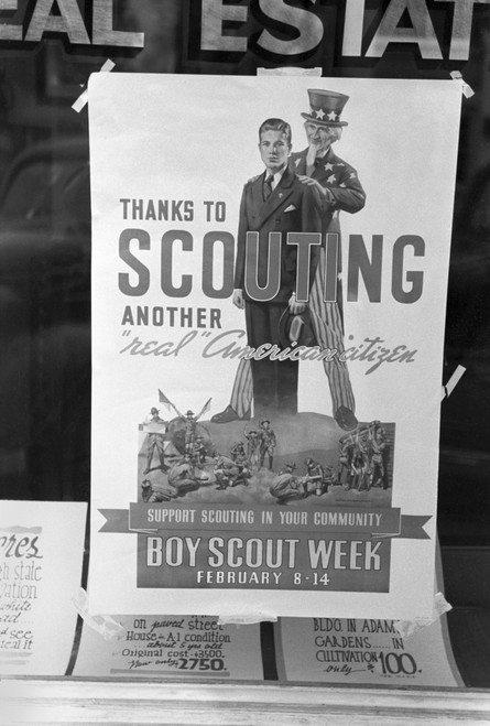 Boy Scout Poster, 1939. /Nan American Poster Promoting The Boy Scouts In A Real Estate Office Window In Harlingen, Texas. Photograph By Russell Lee, February 1939. Poster Print by Granger Collection - Item # VARGRC0121608 Boy Scout Poster, 1939. /Nan American Poster Promoting The Boy Scouts In A Real Estate Office Window In Harlingen, Texas. Photograph By Russell Lee, February 1939. Poster Print by Granger Collection - Item # VARGRC0121608