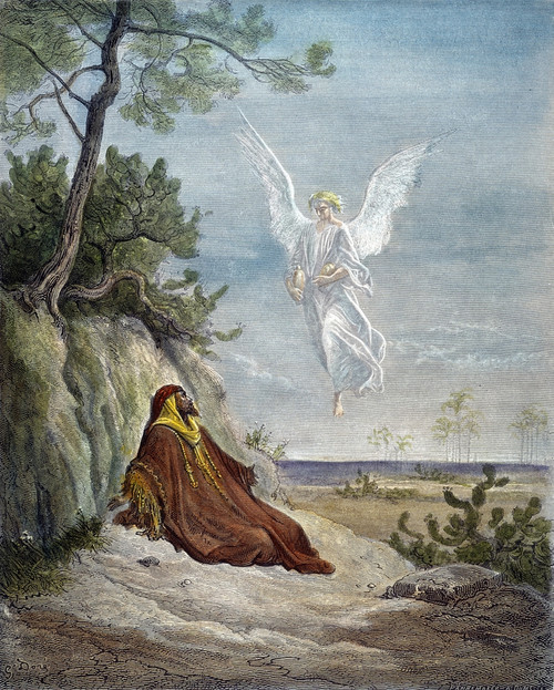 Dor_: Elijah And Angel. /N'Elijah Nourished By An Angel' (I Kings 19:5). Wood Engraving After Gustave Dor_. Poster Print by Granger Collection - Item # VARGRC0036705