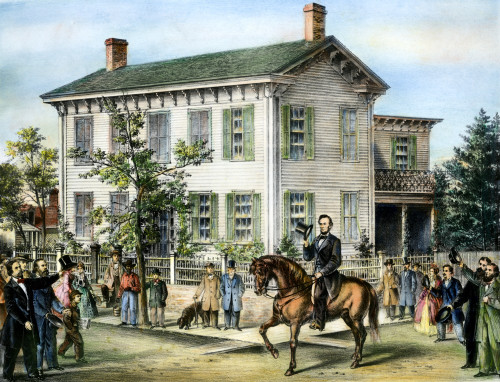 Lincoln: Home, 1865./Npresident Abraham Lincoln Riding Past His Home In Springfield, Illinois. Lithograph, 1865. Poster Print by Granger Collection - Item # VARGRC0041435