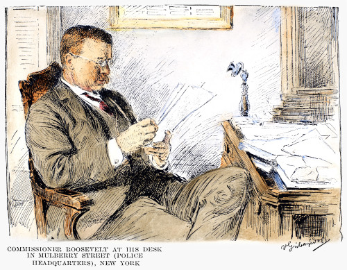 Theodore Roosevelt /N(1858-1919). 26Th President Of The United States. Roosevelt At His Desk At Police Headquarters While Commissioner Of Police For New York City. Drawing, 1895. Poster Print by Granger Collection - Item # VARGRC0089648 Theodore Roosevelt /N(1858-1919). 26Th President Of The United States. Roosevelt At His Desk At Police Headquarters While Commissioner Of Police For New York City. Drawing, 1895. Poster Print by Granger Collection - Item # VARGRC0089648