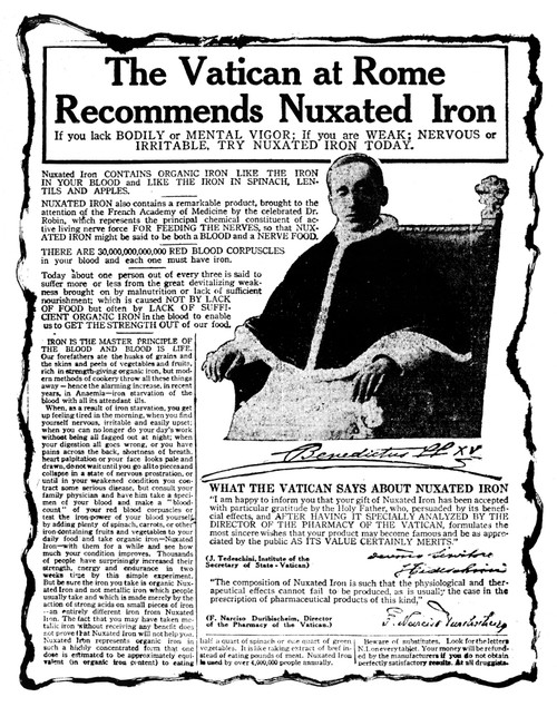 Patent Medicine Ad, C1920. /Namerican Advertisement For Nuxated Iron, With An Endorsement From Pope Benedict Xv, C1920. Poster Print by Granger Collection - Item # VARGRC0173283