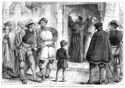 Martin Luther (1483-1546)./Ngerman Religious Reformer. Luther Fastening His 95 Theses On The Door Of All Saints Church, Wittenberg, On Oct. 31, 1517: Wood Engraving. Poster Print by Granger Collection - Item # VARGRC0013800 Martin Luther (1483-1546)./Ngerman Religious Reformer. Luther Fastening His 95 Theses On The Door Of All Saints Church, Wittenberg, On Oct. 31, 1517: Wood Engraving. Poster Print by Granger Collection - Item # VARGRC0013800