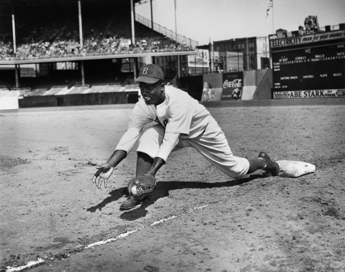 Jackie Robinson (1919-1972) Njohn Roosevelt Robinson Known As  Jackie American Baseball Player As A Member Of The Brooklyn Dodgers Being  Tagged Out At Third Base By Shortstop Marty Marion Of The
