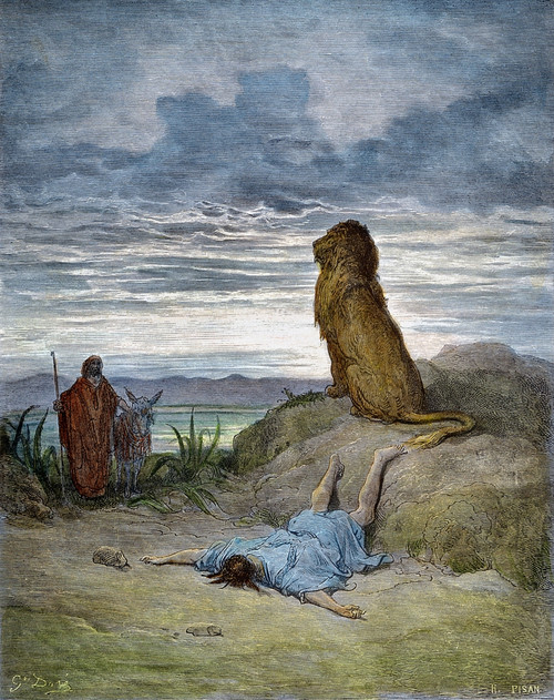 Prophet And Lion. /Nthe Disobedient Prophet Slain By A Lion (I Kings 13:24). Line Engraving After Gustave Dor_. Poster Print by Granger Collection - Item # VARGRC0007366