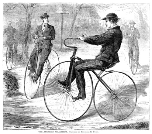 Velocipedes, 1868. /Namerican Men Riding Velocipedes. Wood Engraving, American, 1868. Poster Print by Granger Collection - Item # VARGRC0354803