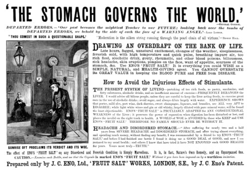 Ad: Eno'S Fruit Salt, 1897. /Nenglish Newspaper Advertisement For Eno'S Fruit Salt To Regulate The Liver And Ease The Stomach, 1897. Poster Print by Granger Collection - Item # VARGRC0370718 Ad: Eno'S Fruit Salt, 1897. /Nenglish Newspaper Advertisement For Eno'S Fruit Salt To Regulate The Liver And Ease The Stomach, 1897. Poster Print by Granger Collection - Item # VARGRC0370718