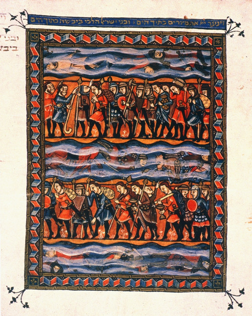 Moses: Crossing Red Sea. /Nillumination From The Rylands Haggadah, Spain, 14Th Century. Poster Print by Granger Collection - Item # VARGRC0023568