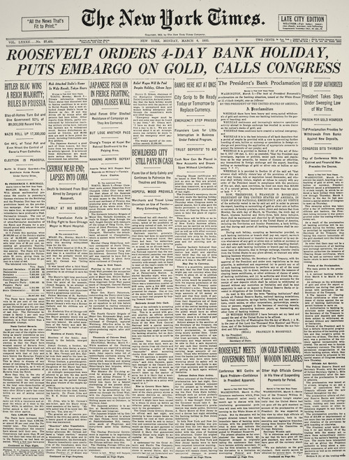 Gold Embargo, 1933. /Nfront Page Of The New York 'Times,' 6 March 1933, Announcing President Franklin D. Roosevelt'S Proclamation Declaring A Four-Day Bank Closing And An Embargo On Gold. Poster Print by Granger Collection - Item # VARGRC0067191