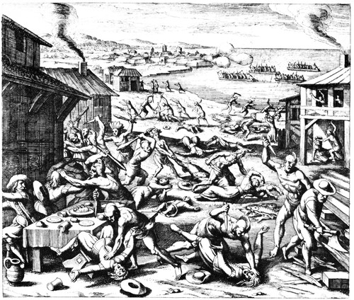 Jamestown: Massacre, 1622. /Nthe Massacre At Jamestown, Virginia, 1622. Line Engraving, 1628, By Matthaeus Merian. Poster Print by Granger Collection