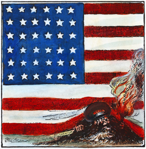 Cartoon: Red Scare, 1919. /N'Put Them Out And Keep Them Out.' Cartoon Of A Bearded Bolshevik Creeping Under The American Flag, During The 'Red Scare' Of 1919. Cartoon, 1919. Poster Print by Granger Collection - Item # VARGRC0010614