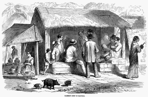 Manila: Barbershop, 1858. /Nbarbershop At Manila, Philippines. Wood Engraving, English, 1858. Poster Print by Granger Collection - Item # VARGRC0090768
