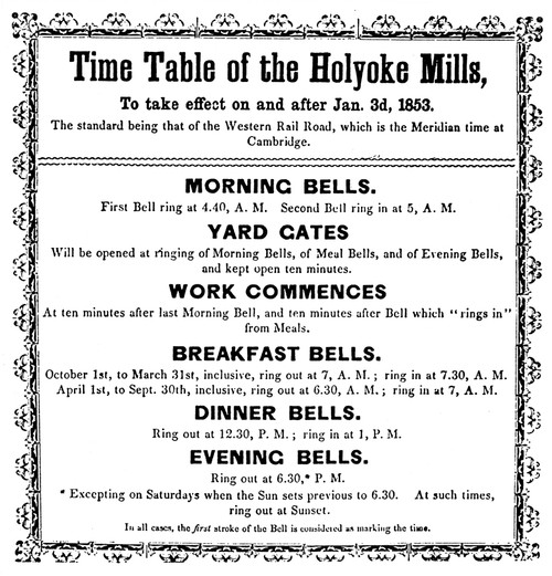 Textile Manufacture, 1853. /Nwork Schedule At The Holyoke Mills, Holyoke, Massachusetts, 1853. Poster Print by Granger Collection - Item # VARGRC0051193