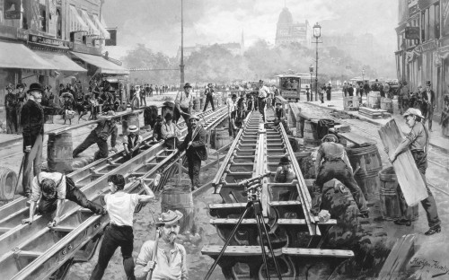 New York: El Train, C1878. /Nconstruction Of The Elevated Railroad On Broadway, New York, C1878. Contemporary Painting By Hughson Hawley. Poster Print by Granger Collection - Item # VARGRC0092167