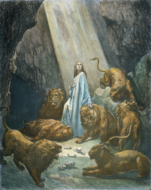 Daniel In The Den Of Lions /N(Daniel 6:22). Line Wood Engraving After Gustave Dor_. Poster Print by Granger Collection - Item # VARGRC0007365