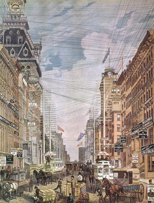 New York City, C1885. /Nthe Business District Of Lower Manhattan In New York City Encircled In A Web Of Overhead Electricity, Telephone, And Telegraph Wires: American Lithograph, C1885. Poster Print by Granger Collection - Item # VARGRC0063605