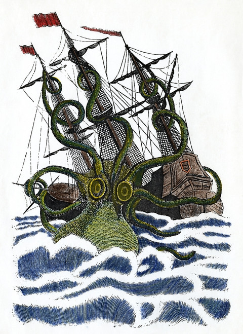 Giant Octopus. /Na Giant Octopus Attacking A Vessel. Line Engraving, French, After A Picture In The Church Of St. Malo, France, 16Th Century. Poster Print by Granger Collection - Item # VARGRC0009536