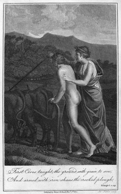 Ceres And Triptolemus. /Nceres (Demeter In Greek Mythology) Teaches Triptolemus To Plough. Steel Engraving, English, From An 1802 Edition Of John Dryden'S Translation Of Virgil'S 'Aeneid.' Poster Print by Granger Collection - Item # VARGRC0093129