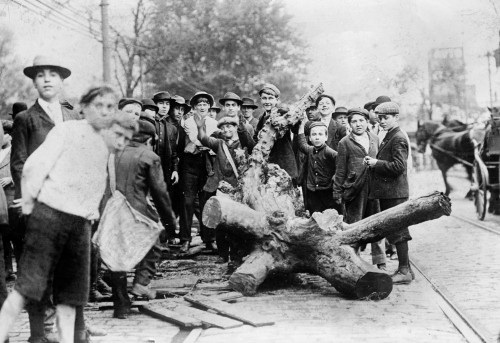 Streetcar Strike, C1915. /Nboys Posing With A Tree Stump Blocking The Streetcar Tracks During A Streetcar Strike In Cleveland, Ohio. Photograph, C1915. Poster Print by Granger Collection - Item # VARGRC0326609