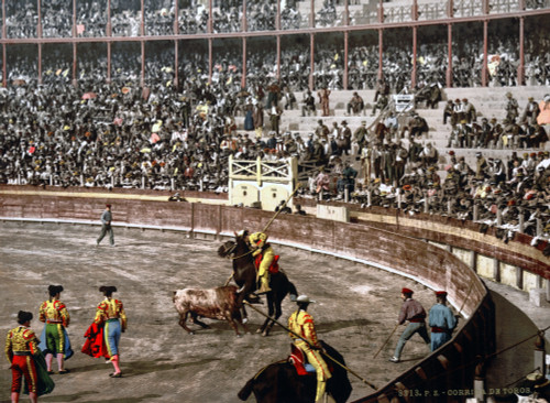 Spain: Bullfight. /Na View Of A Bullfight With The Audience Watching The Confrontation Between The Bull And The Bullfighter On Horseback, Barcelona, Spain. Photograph, Late 19Th Century. Poster Print by Granger Collection - Item # VARGRC0119039