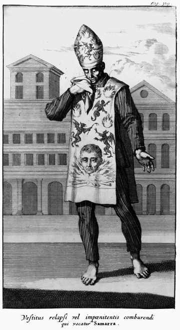 Spanish Inquisition. /Na Victim Of The Spanish Inquisition, Wearing The Sanbenito Habit Of The Heretic. Line Engraving From 'Historia Inquisitionis,' By Philipp Van Limborch, 1692. Poster Print by Granger Collection - Item # VARGRC0120748