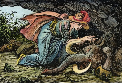 Beauty & The Beast, 1891. /Nbeauty Finds The Beast Sleeping In A Cave. Wood Engraving After H.J. Ford, 1891, For Beauty And The Beast. Poster Print by Granger Collection - Item # VARGRC0041131
