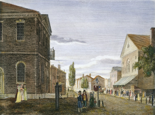 Chestnut St., Philadelphia. /Ncongress Hall And New Theatre In Chestnut Street, Philadelphia: Colored Line Engraving, 1800, By William Birch & Son. Poster Print by Granger Collection - Item # VARGRC0008832