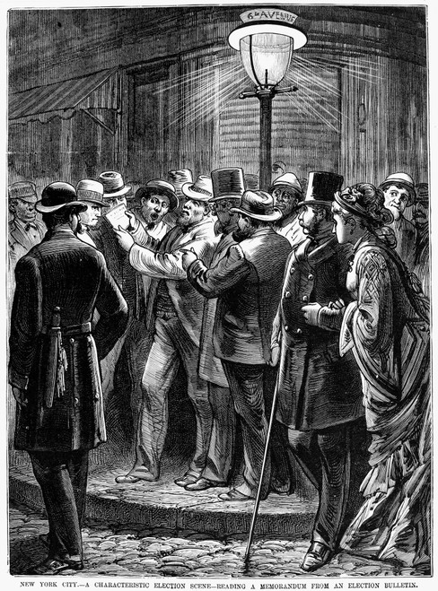 New York: Election, 1876. /Nreading An Election Bulletin By Gaslight In New York City On Presidential Election Night In 1876. Engraving, 1876. Poster Print by Granger Collection - Item # VARGRC0045671