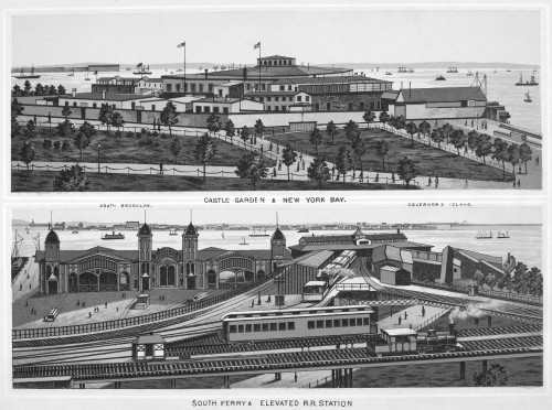 New York: Castle Garden. /Nview Of Castle Garden At The Battery, Manhattan (Top), And South Ferry Elevated Railroad Station, Brooklyn. Lithograph, C1900. Poster Print by Granger Collection - Item # VARGRC0092166