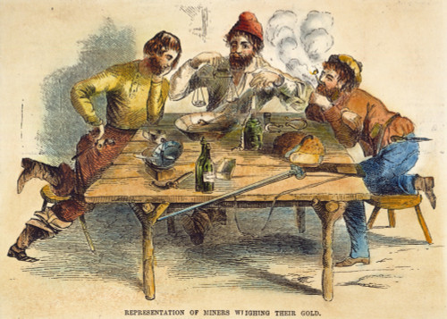 Gold Rush. /N'Forty-Niners' In California Weighing Their Gold. Wood Engraving, American, 1853. Poster Print by Granger Collection - Item # VARGRC0010454