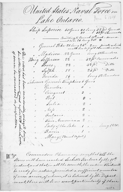 War Of 1812: Lake Ontario. /Nlisting Of The Us Naval Force On Lake Ontario, 6 June 1814, Sent To President James Madison By The Navy Department. Poster Print by Granger Collection - Item # VARGRC0129995 War Of 1812: Lake Ontario. /Nlisting Of The Us Naval Force On Lake Ontario, 6 June 1814, Sent To President James Madison By The Navy Department. Poster Print by Granger Collection - Item # VARGRC0129995