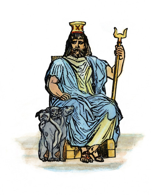 Hades. /Nhades (Pluto), Greek God Of The Underworld, Guarded By Cerberus, His Three-Headed Serpent-Tailed Dog. Line Engraving. Poster Print by Granger Collection - Item # VARGRC0047442