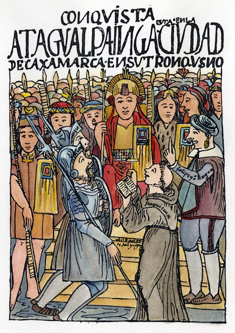 Peru: Pizarro & Atahualpa./Nthe First Meeting, In 1532, Of Francisco Pizarro And Atahualpa, The Last Inca King. Drawing, C1600, By Felipe Guaman Poma De Ayala. Poster Print by Granger Collection - Item # VARGRC0057237
