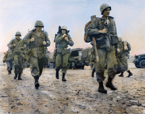Korean War: Marines, 1953. /Nu.S. Marines In Korea Heading For Helicopters To Take Them To The Front, March 1953. Oil Over A Photograph. Poster Print by Granger Collection - Item # VARGRC0099199