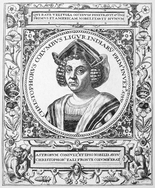 Christopher Columbus /N(1451-1506). Italian Navigator. Line Engravingby Theodor De Bry, C1590. Poster Print by Granger Collection - Item # VARGRC0015290