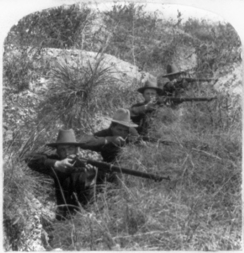 Spanish-American War, 1898. /Namerican Soldiers Shooting Rifles In A Trench In The Battle Of San Juan Hill, Cuba, During The Spanish-American War, July 1898. Stereograph, C1899. Poster Print by Granger Collection - Item # VARGRC0131398