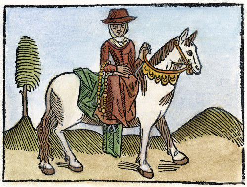 Chaucer: Wife Of Bath, 1483. The Wife Of Bath. Engraving From William Caxton'S Second Edition Of 'The Canterbury Tales' By Geoffrey Chaucer (C1342-1400), 1483. Poster Print by Granger Collection - Item # VARGRC0054806