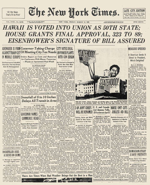 Hawaii Statehood, 1959. /Nfront Page Of The New York Times, 13 March 1959, Announcing Statehood For Hawaii. Poster Print by Granger Collection - Item # VARGRC0041728