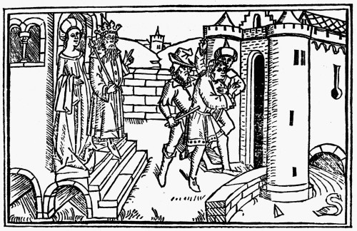 Joseph & Wife Of Potiphar. /Npotiphar And His Wife, Holding Joseph'S Mantle, Watch Joseph Being Cast Into Prison (Genesis 39: 12-29). Woodcut From The Cologne Bible, 1478-80. Poster Print by Granger Collection - Item # VARGRC0052464