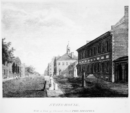 Independence Hall, 1798. /Nstate House (Independence Hall), With A View Of Chestnut Street, Philadelphia, Pennsylvania. Line Engraving, 1798, By William Birch & Son. Poster Print by Granger Collection - Item # VARGRC0086866