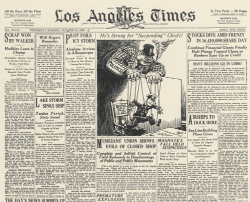 Wall Street Crash, 1929. /Nfront Page Of The Los Angeles Times, 30 October 1929, Reporting On The Wall Street Crash. Poster Print by Granger Collection - Item # VARGRC0001721