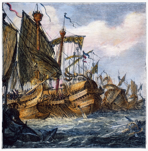 First Punic War Battle./Nin 256 B.C., During The First Punic War, The Roman Fleet Defeats Carthage'S Fleet At Ecnomus, Off The Coast Of Carthage. Wood Engraving, 19Th Century. Poster Print by Granger Collection - Item # VARGRC0066634