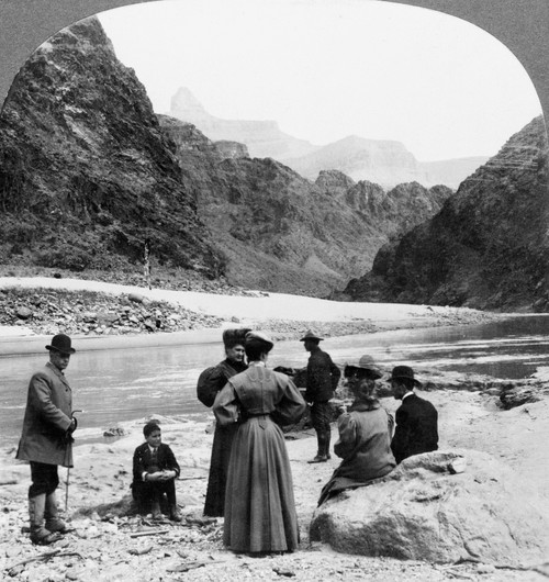 Grand Canyon: Sightseers. /Na View Of The Grand Canyon In Arizona Looking Toward Zoroaster Tower, Showing Group Of Tourists Standing On The Banks Of The Colorado River. Stereograph, 1906. Poster Print by Granger Collection - Item # VARGRC0129489