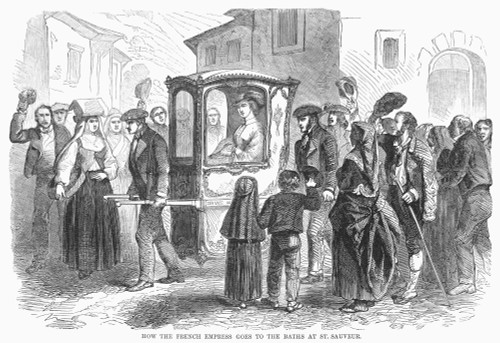 Sedan Chair, 1859. /Neugenie, Empress Of The French, Is Carried To The Thermal Baths At St. Sauveur In The French Pyrenees. Wood Engraving, American, 1859. Poster Print by Granger Collection - Item # VARGRC0099571