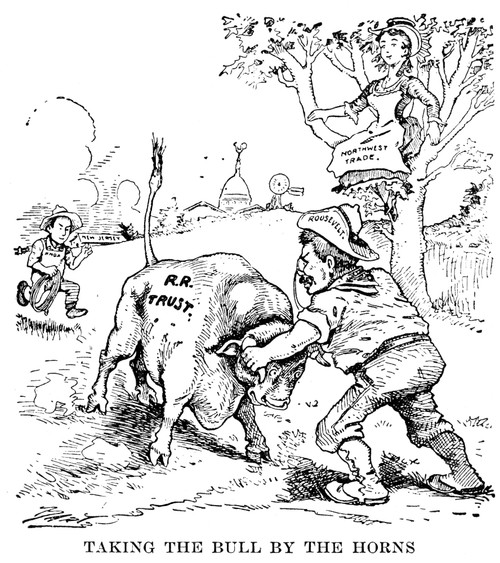 Roosevelt Cartoon, C1906. /N'Taking The Bull By The Horns.' Cartoon From The 'Minneapolis Journal' On President Roosevelt'S Action In Bringing Suit Against The Northern Securities Corporation. Poster Print by Granger Collection - Item # VARGRC0032286